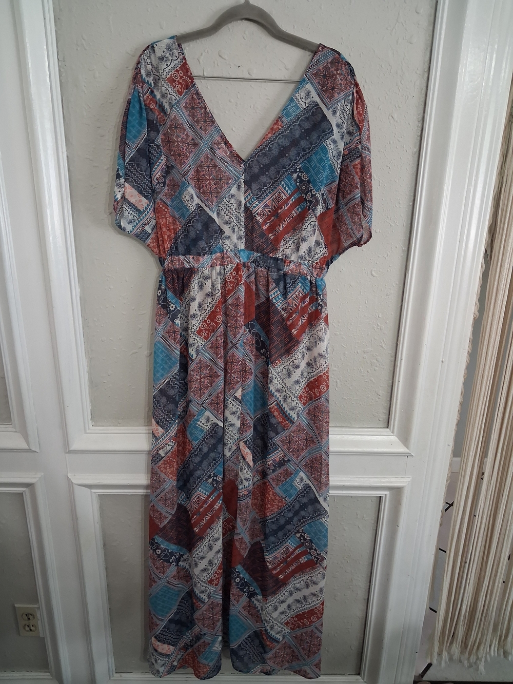 Vintage y2k bingo sheer overlay quilt patchwork maxi dress cover kaftan L boho